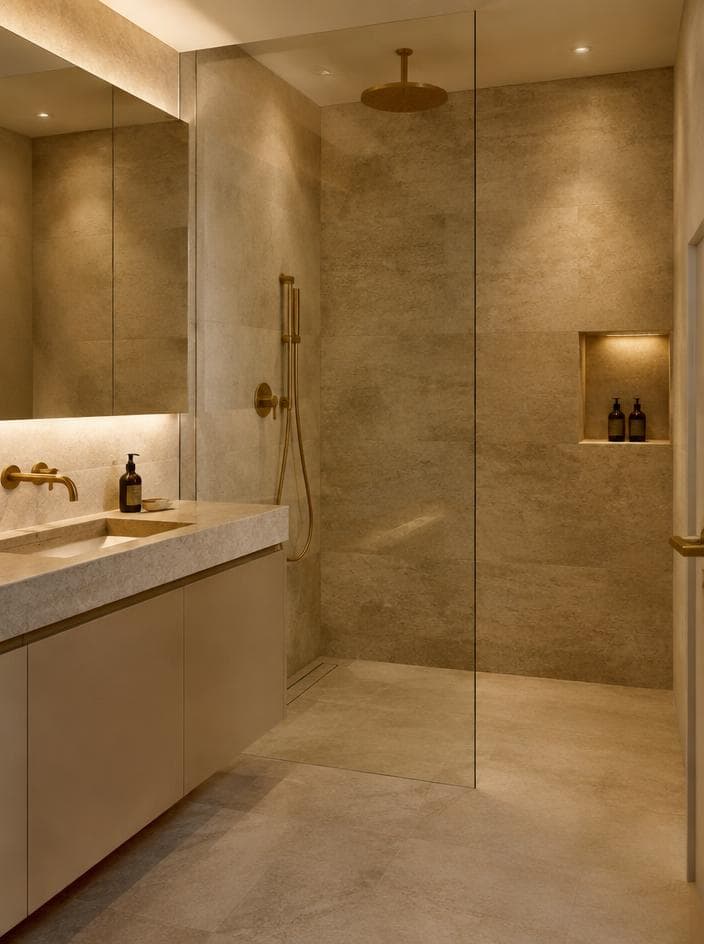 Casa de banho minimalista renovada com pedra e acessórios dourados
