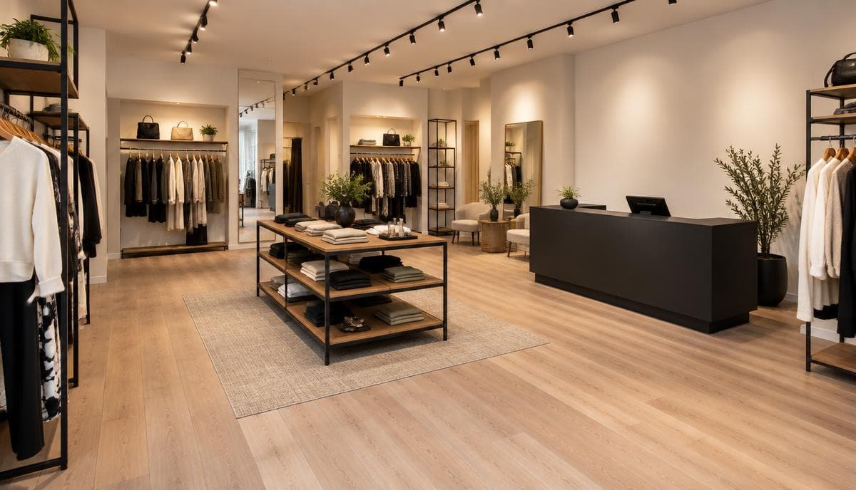 Loja comercial renovada com piso laminado e iluminação nova