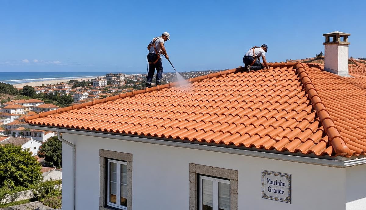 Telhado de telha cerâmica a ser limpo com equipa de trabalho
