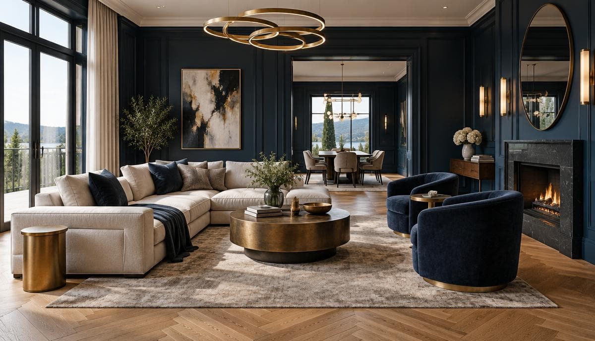Sala de moradia de luxo renovada com paredes azul-marinho e detalhes dourados